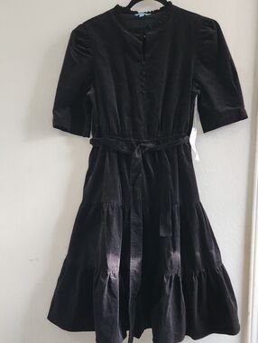 NWT Draper James RSVP Black Velvet Tiered Midi Dress Tie Waist Puff Sleeve Mediu